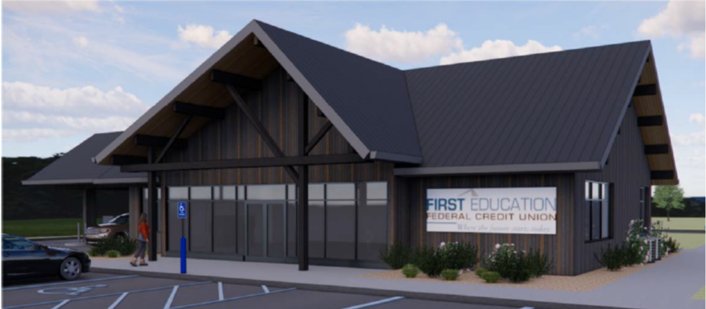 Exterior rendering of a new credit union building.