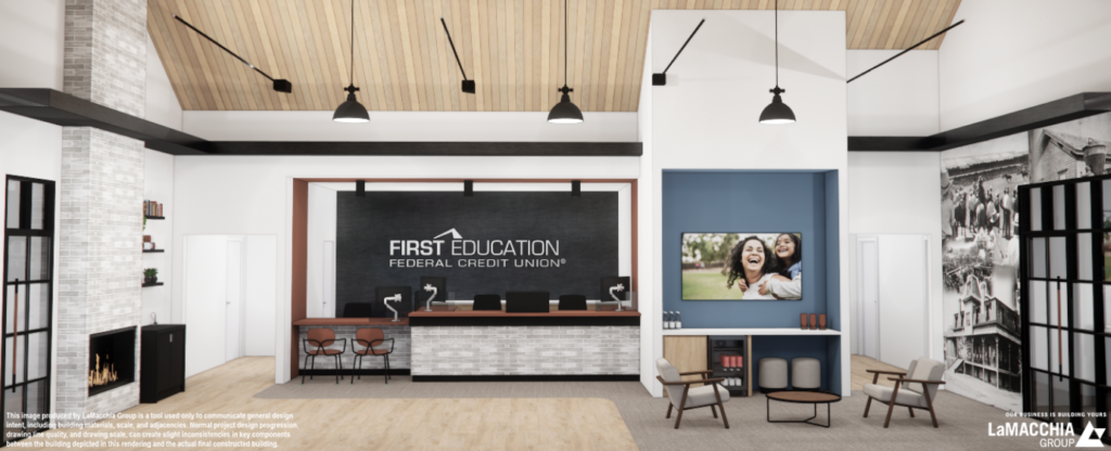 Interior rendering of a new credit union building.